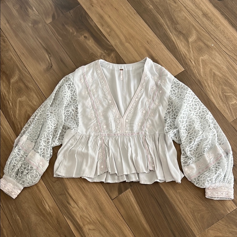 Free People Blue Peplum Ruffled Long Sleeve Blouse